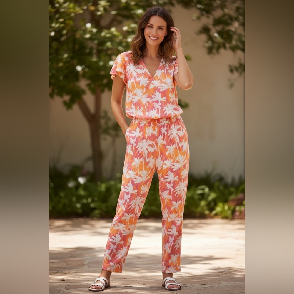 Candace Cameron Bure Apricot Palm Jumpsuit 3X NWT | Flutter Sleeve Resort Style